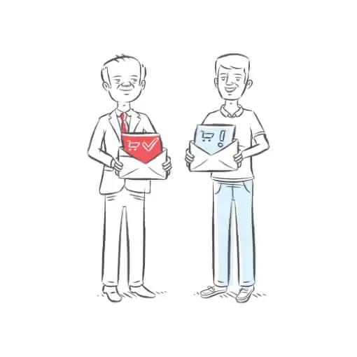 Desenho de dois homens sorrindo e segurando convites para acessar a lista de casamento em dinheiro.