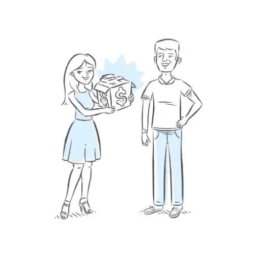 Desenho de um casal sorrindo e a noiva está segurando uma caixa de presentes de lista de casamento em dinheiro.